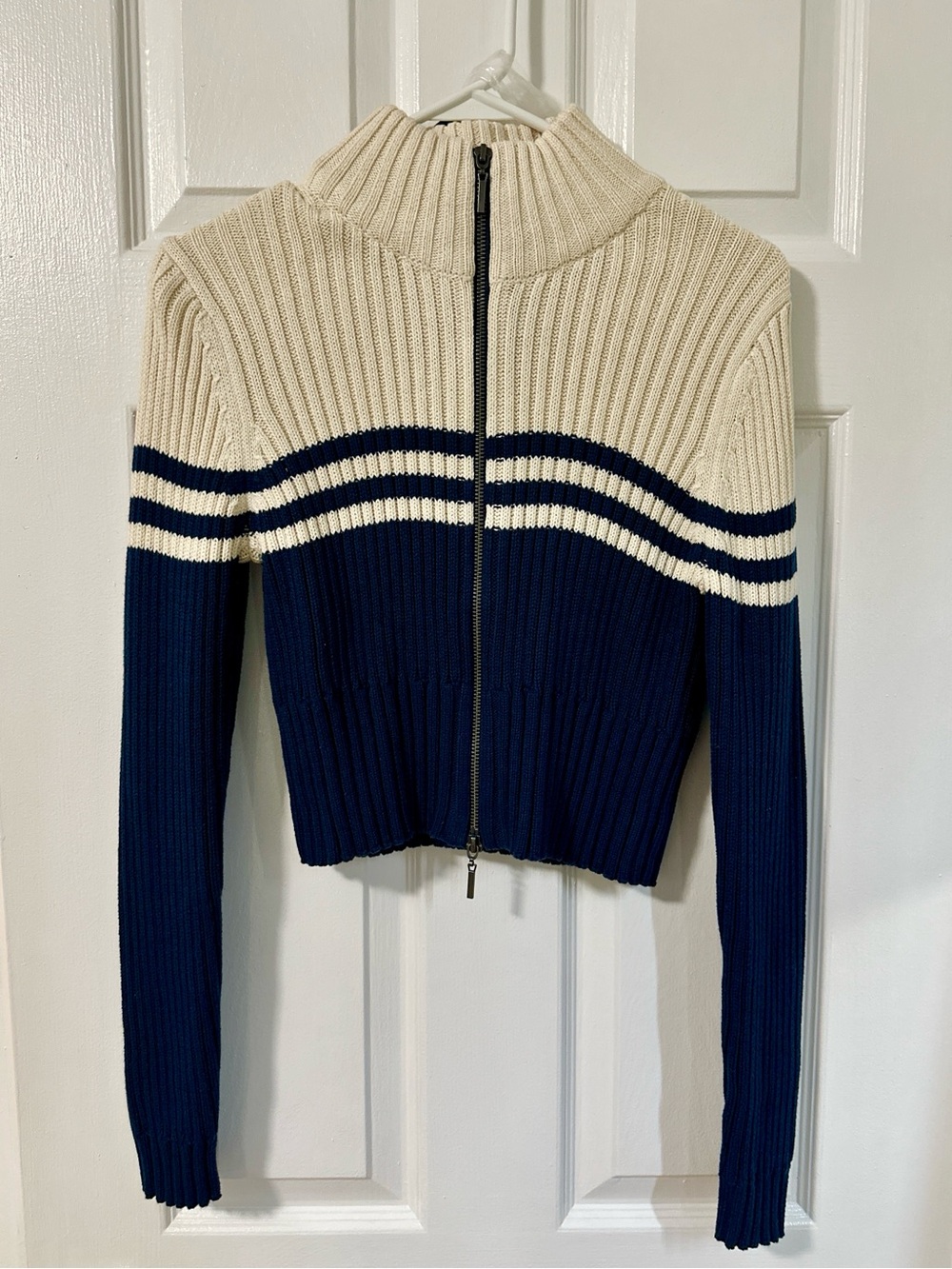 NWOT ASOS DESIGN Navy & Cream Striped Cropped Double-Zip Cardigan